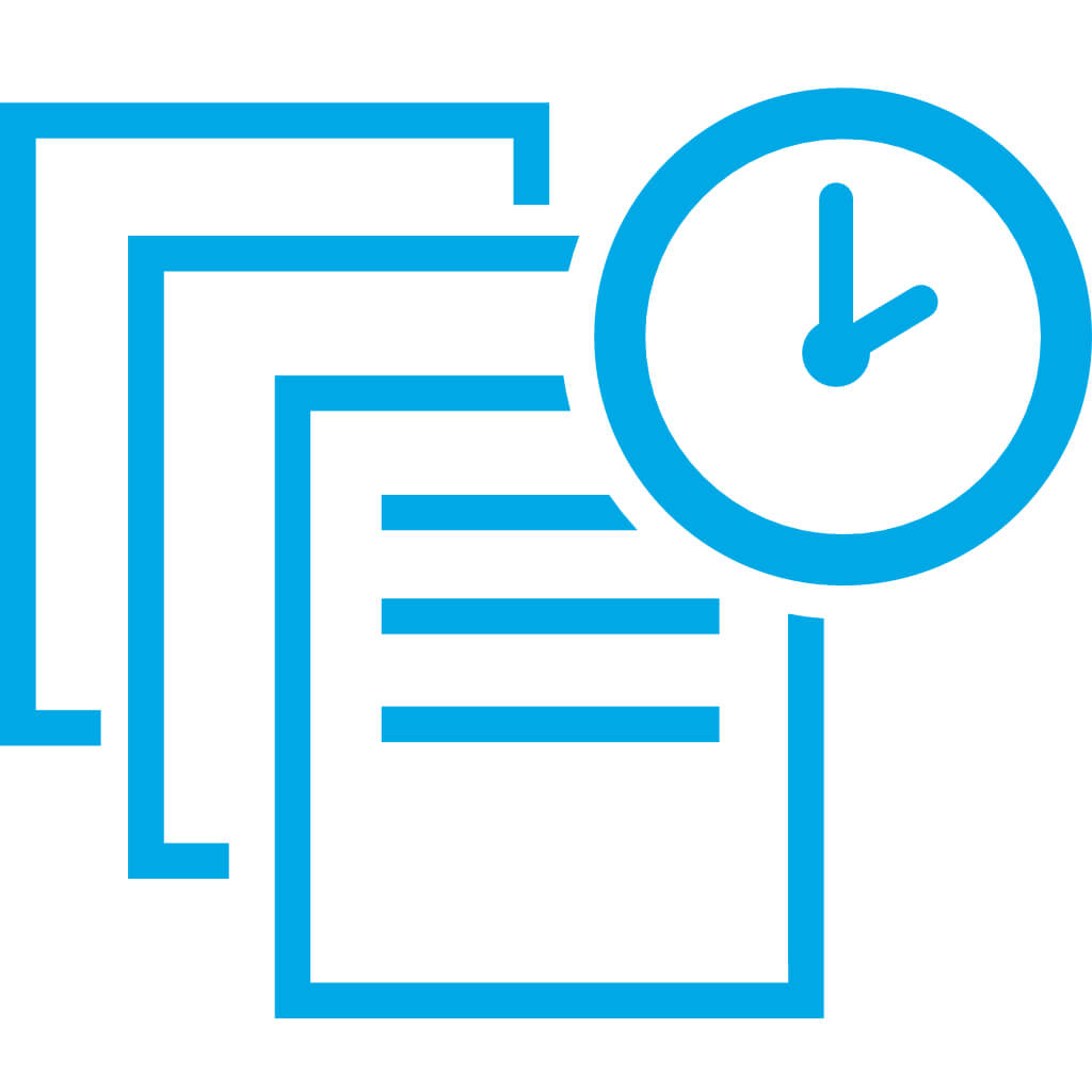 icon three documents with clock in upper right corner in blue
