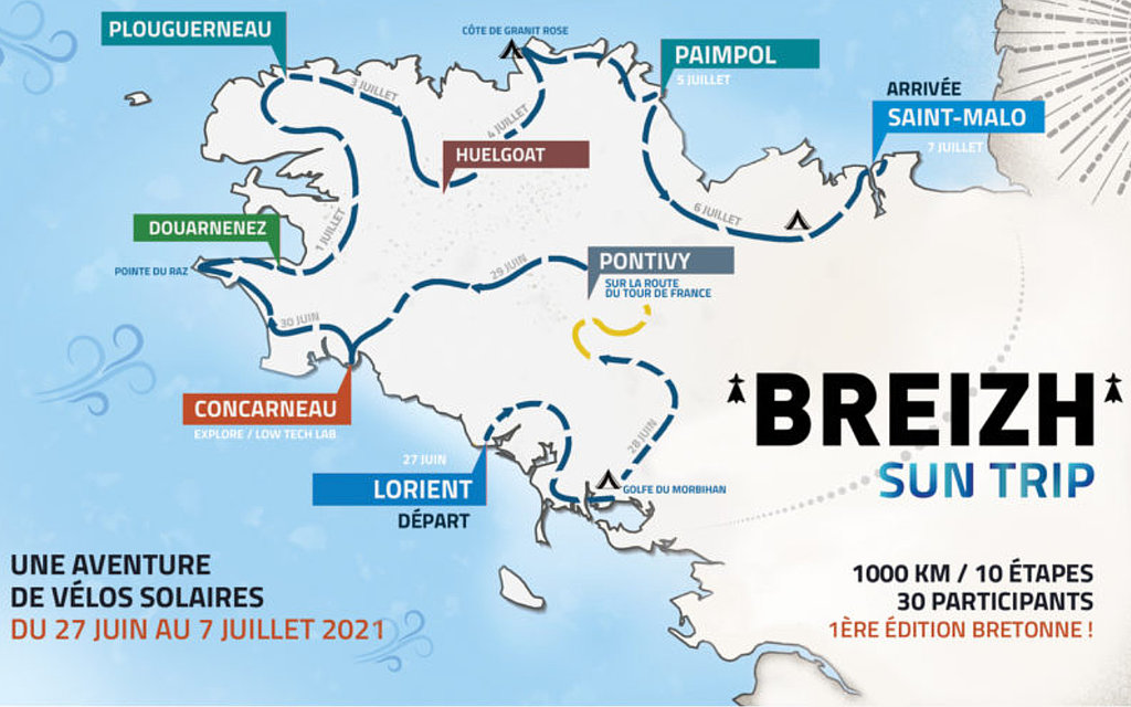 Map of Breizh Sun Trip indicating the route through the french region Bretagne