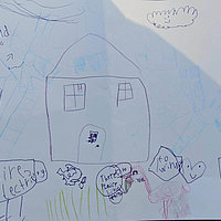 children's drawing showing a house and various animals in front of it