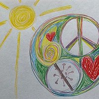 a teenager's drawing that shows various symbols such as the sun, a peace sign, a heart and a crossed out corona virus