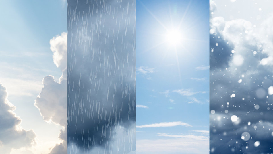 a picture divided in four sections, showing from left to right a cloudy sky, rain, sun and snow